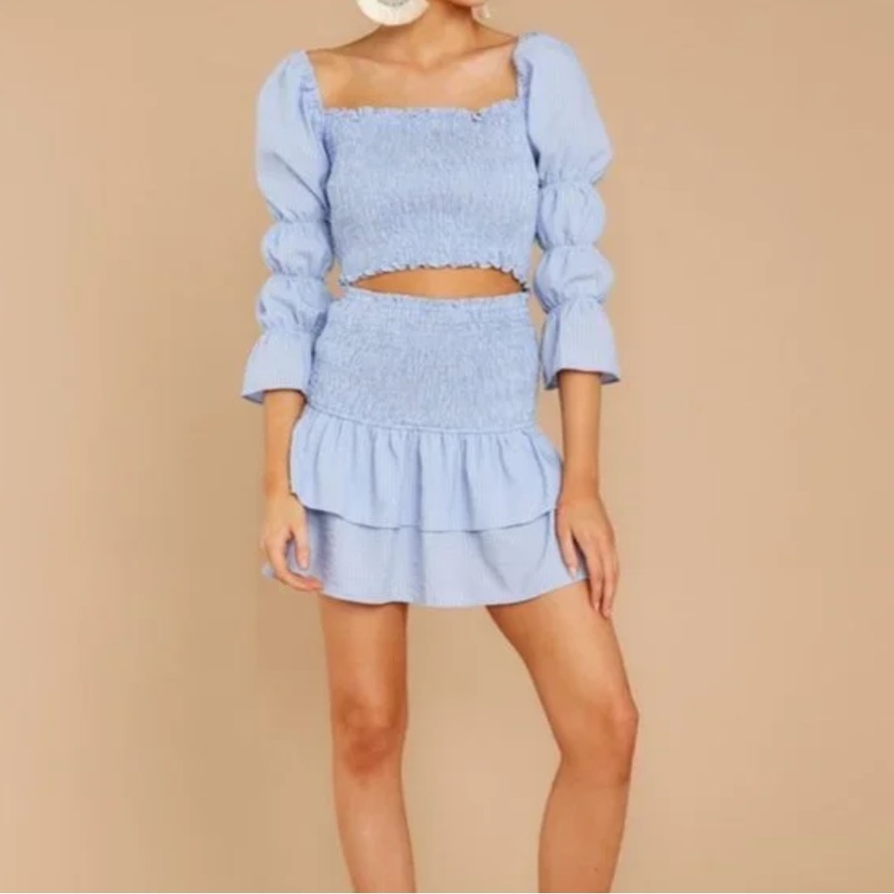 Storia blue striped smocked matching top & skirt set